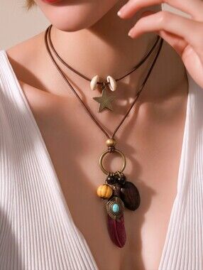Layered Boho Necklace Feather Turquoise Wood Star Western Southwestern Charms